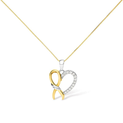 10K Yellow Gold Plated .925 Sterling Silver 1/5 Cttw Diamond Ribbon Heart Pendant Necklace (H-I Color, I2-I3 Clarity) - 18