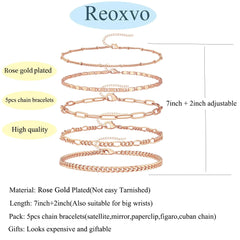 Dainty Gold Chain Bracelets Set for Women 14K Real Gold Plated Link Chain Bracelets for Women Trendy Gold Stackable Cuff Bracelets for Jewelry Gifts Women Adjustable 7"+2" Rose Gold