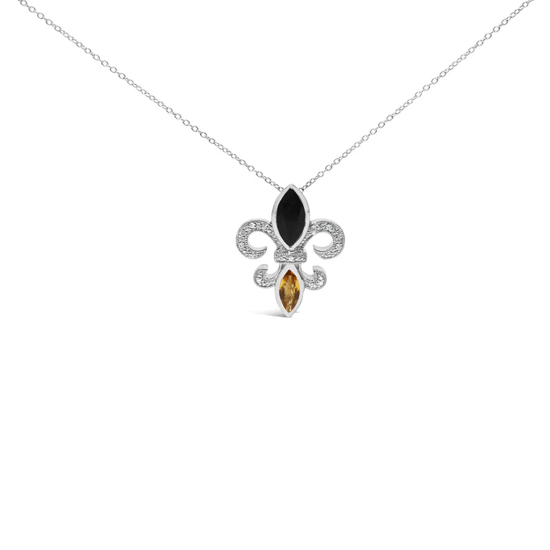 .925 Sterling Silver Marquise Onyx and Citrine and Diamond Accent Fleur De Lis Pendant Necklace (H-I Color, SI1-SI2 Clarity) - 18