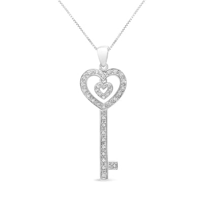 .925 Sterling Silver 1/5 Cttw Round-Cut Diamond Double Heart & Key 18