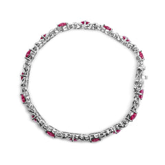 .925 Sterling Silver Created Heart Shape Red Ruby and White Diamond Accent Link Bracelet (I-J Color, I3 Clarity)- 7.25" Inches