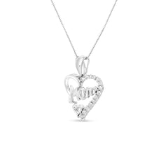 .925 Sterling Silver 1/4 Cttw Round Diamond "Mom" Openwork Heart Pendant 18" Necklace (I-J Color, I2-I3 Clarity)